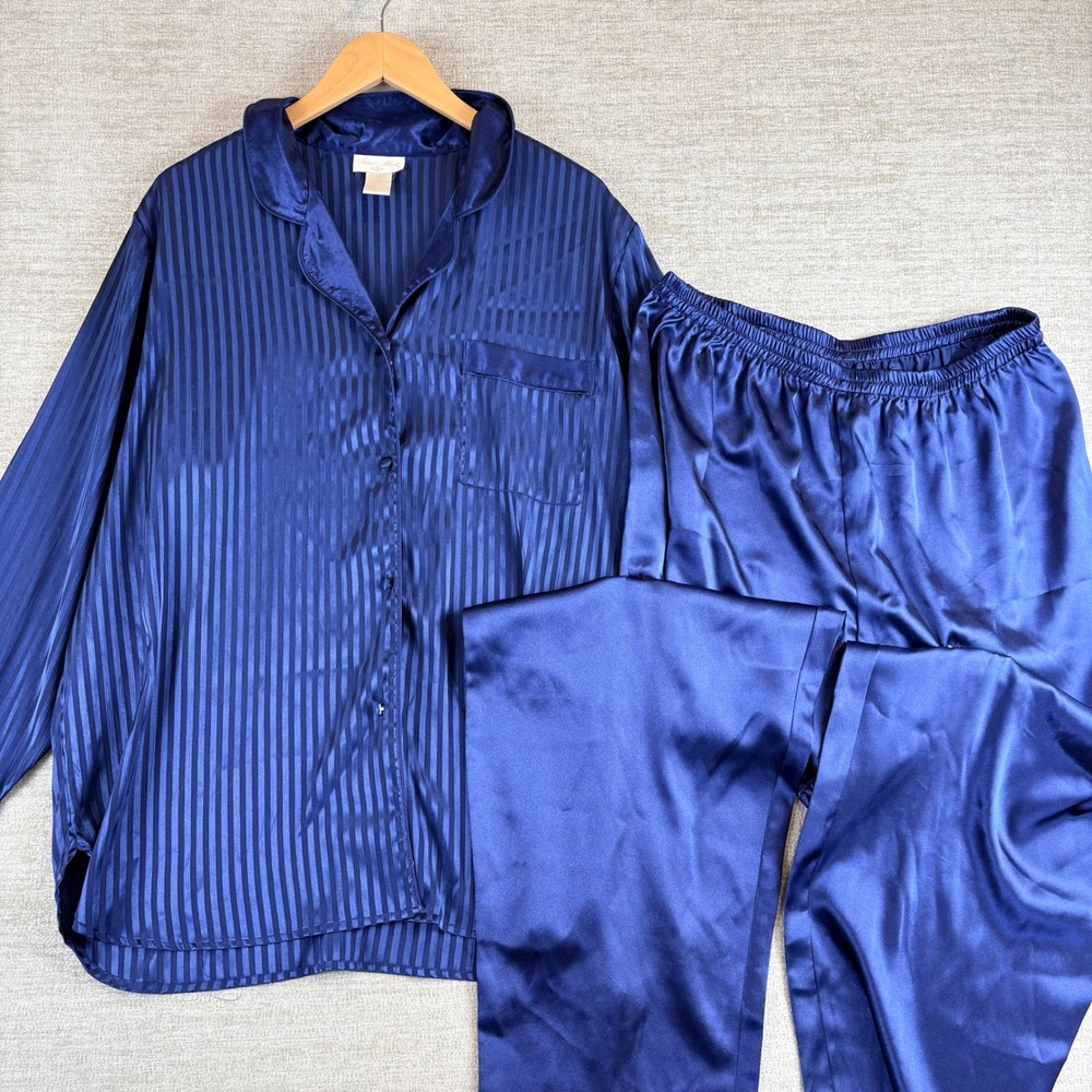 Vintage Inner Most Womens XL Navy Blue Striped Satin Pajama Set Loungewear EUC